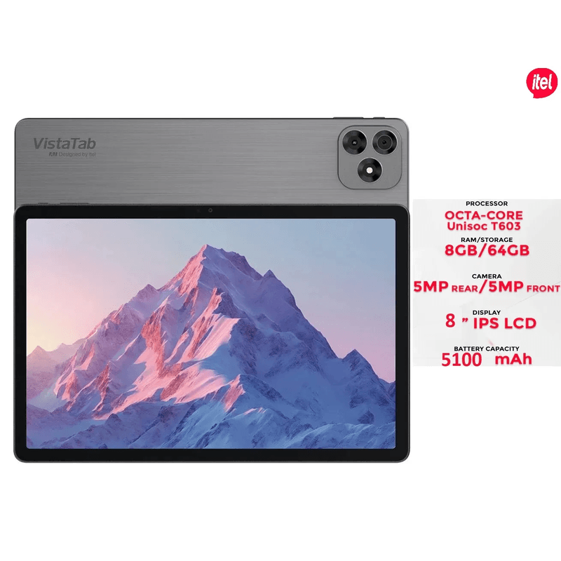 Itel VistaTab10mini 8&Prime; 64Go 8Go RAM 5100mAh, Android12 5MP- Grey +  Pochette Bleu Gratuit
